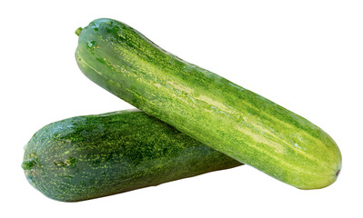 Side view of fresh long green cucumbers in stack isolated with clipping path in png file format