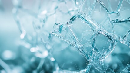 A close-up of shattered glass pieces frozen in mid-motion, with intricate details of the cracks and sharp edges illuminated by soft light