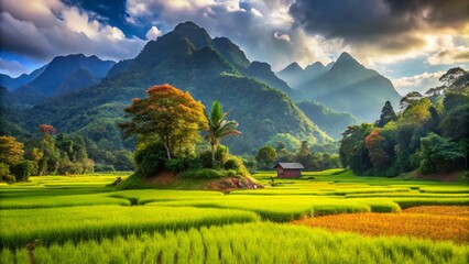 Fototapeta premium Breathtaking Rice Fields and Majestic Mountains in Lush Humid Forest Landscape
