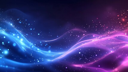 Abstract blue and pink glowing waves with glittering particles on dark background.