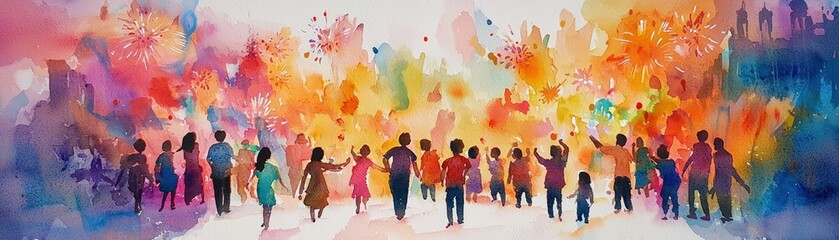 Naklejka premium A vibrant watercolor painting of a diverse group of people celebrating together, surrounded by colorful splashes and a joyful atmosphere.