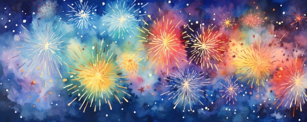 Fototapeta premium A vibrant display of colorful fireworks bursting against a dark, starry sky, creating an enchanting and festive atmosphere.