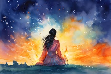 Obraz premium A serene figure meditates in a vibrant, cosmic landscape, surrounded by swirling colors of orange and blue against a starry sky.