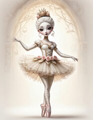 Fototapeta premium An elegant mummy in the image of a ballerina in a white ballet dress with a crown on her head. A combination of mummy and ballet style. On a light background.