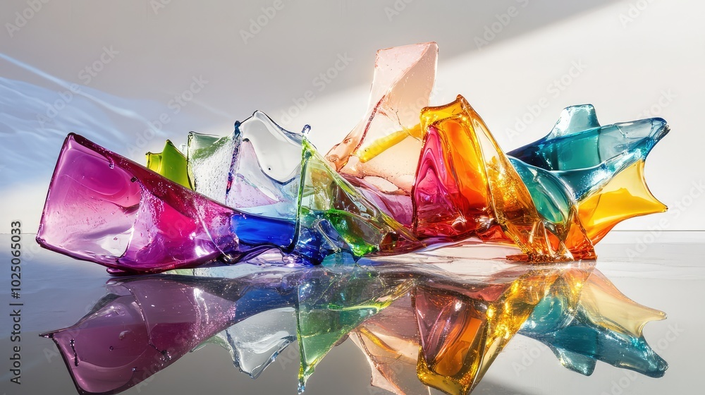 Aufkleber a composition of colorful, melted glass shards on a reflective surface, creating an abstract artwork