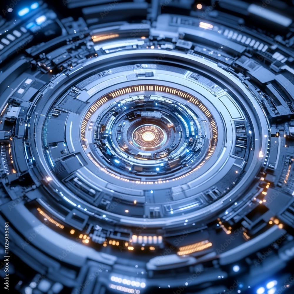 Poster futuristic circular technology design with intricate details and glowing elements