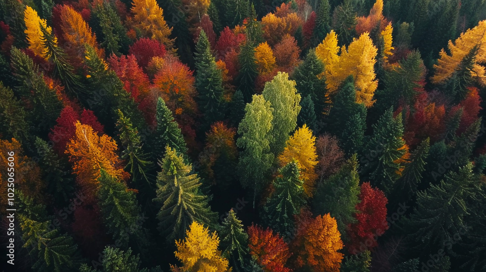 Poster an aerial view of a natural landscape during fall, where trees showcase a harmonious gradient of col