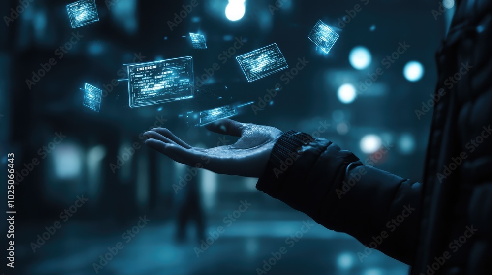 Fototapete digital holograms of text boxes floating over a person's hand, representing virtual communication an
