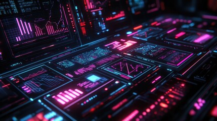 Fototapeta premium Concept of futuristic AI and machine learning with interactive floating text boxes filled with data analytics and charts.