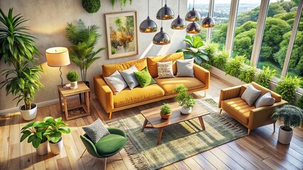 Fototapeta premium Bright Airy Living Room with Plush Sofa, Greenery, and Stylish Decor in Neutral Tones for Modern Home Aesthetic