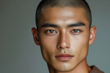 Obraz premium Man with a shaved head and a beard. He has a serious look on his face. shaved slim man