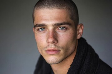 Obraz premium Man with a shaved head and a beard. He has a serious look on his face. shaved slim man