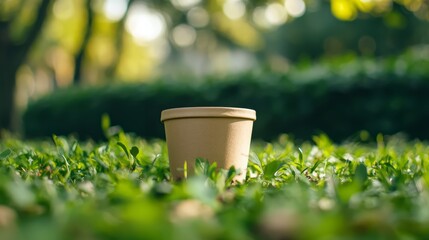 Sustainable Sip: A biodegradable paper coffee cup stands tall amongst lush green grass, a symbol of eco-conscious choices and a refreshing break in nature. 