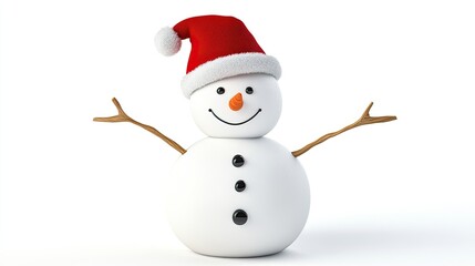 Happy snowman wearing a Santa hat, arms outstretched, set against a clean white background, ideal for festive winter scenes.