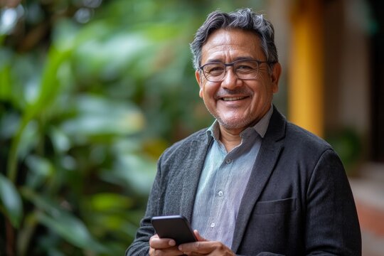 Man in a suit holding a black cell phone. He is smiling and he is happy. Smiling mature Latin or Indian businessman holding the phone