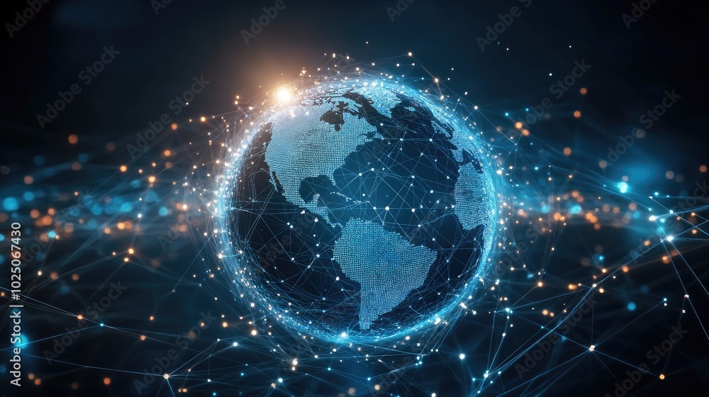 Poster abstract 3d globe surrounded by digital data streams and connections, representing international cyb