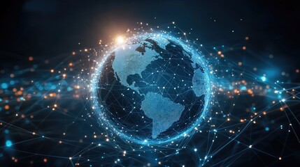 Fototapeta premium Abstract 3D globe surrounded by digital data streams and connections, representing international cyber communication.