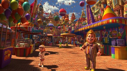 Obraz premium Cheerful 3D carnival characters in a colorful setting with balloons, game booths, and happy expressions on their faces.