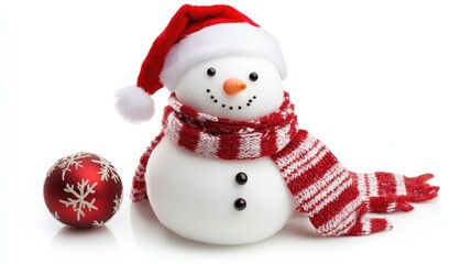 Snowman wearing a Santa hat and scarf, isolated on a white background, evoking a playful and chilly Christmas scene.
