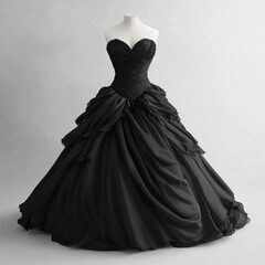 Naklejka premium Black ball gown with intricate lace design cascading down the skirt, framed by soft fairy lights, evoking a magical and elegant atmosphere.