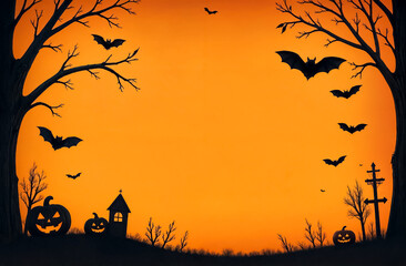 black silhouette of jack o lantern and bats