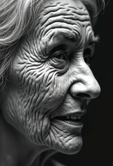 Close-up black and white elderly Hispanic woman portrait with abstract patterns, sharp contrast, dramatic lighting, ethereal motion blur