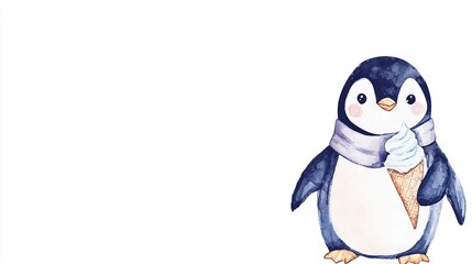 Fototapeta premium A watercolor painting of a penguin eating an ice cream cone with an ice cream cone in its mouth