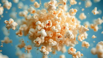 Bountiful Popcorn Overflow - Close Up, A vibrant close-up image of a heaping pile of popcorn against a serene blue background. The bright yellow kernels appear to cascade and float.