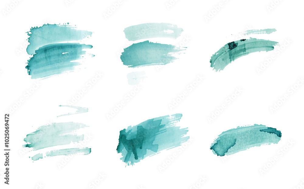 Wall mural teal blue brush stroke texture set, isolated on white, smudge and blob, paint and organic watercolor