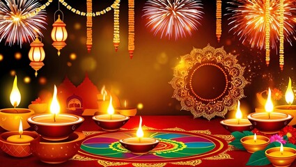 Beautiful Diwali Festive Background with Rangoli, Diyas, and Fireworks with Mandala Art. 