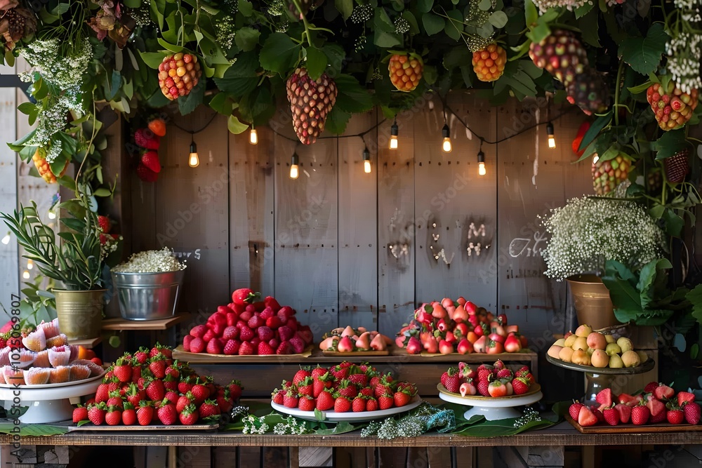 Poster vibrant fruit display with strawberries and grapes in a rustic setting
