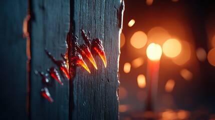 Jagged claw marks dripping with fresh blood score the rotting wood of a boarded up doorway illuminated by flickering candlelight.