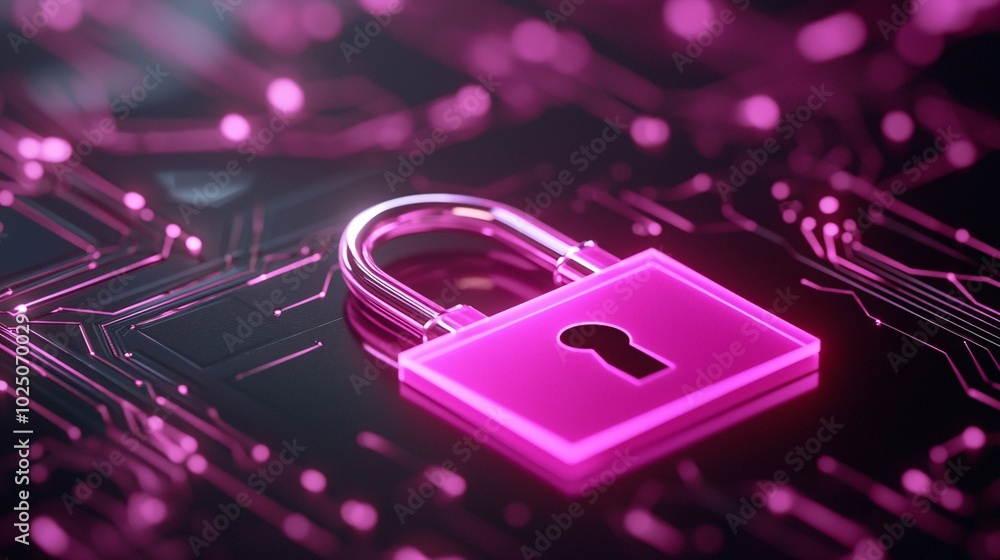 Poster futuristic digital lock with neon glow - glitch effects and encryption symbols in a glowing tech lan