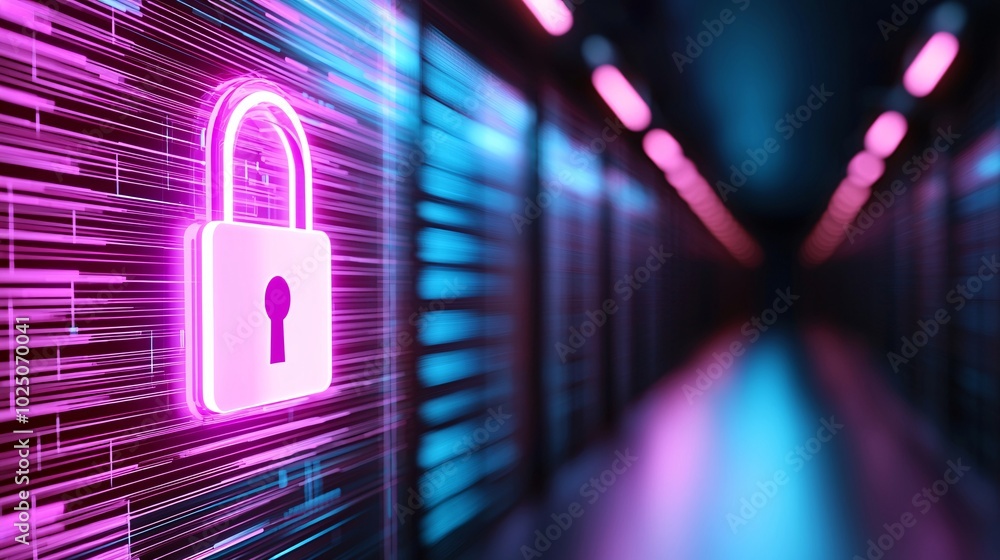 Poster futuristic digital lock with neon glow - glitch effects and encryption symbols in a glowing tech lan