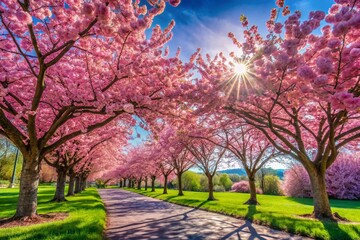 Naklejka premium Captivating Cherry Blossom Trees in Berkeley: A Stunning Spring Landscape Awash in Pink Petals and Natural Beauty