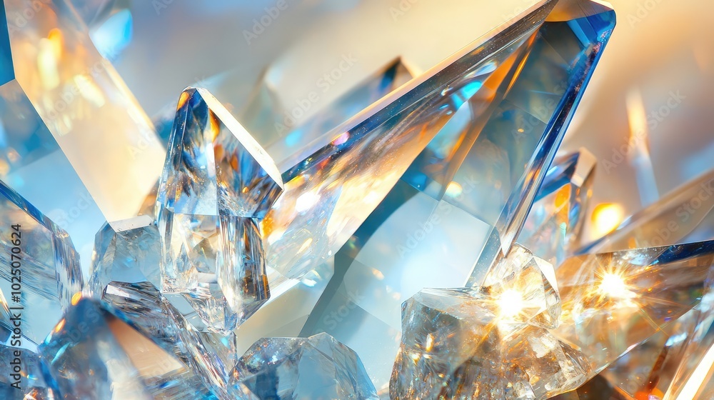 Poster a detailed view of multiple glass crystals clustered together, capturing the reflections and refract