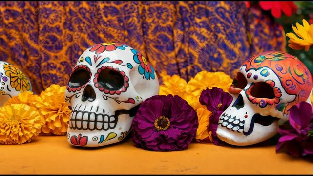 A festive video dedicated to the Mexican Day of the Dead (Dia de los Muertos). Skulls and marigold flowers are depicted in the background. With a place to copy the text.