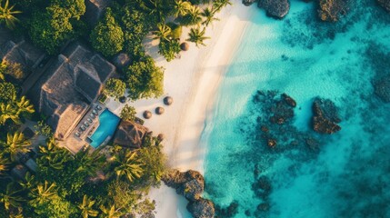 Aerial View of a Tropical Beach Resort with a Swimming Pool