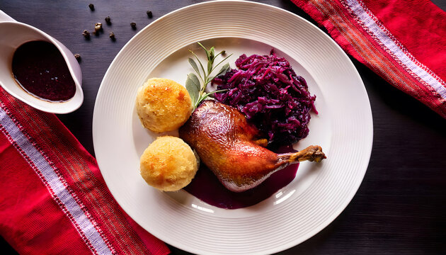 g&auml;nsekeule, keule, gans, braten, ente, entenkeule, essen, rotkohl, klo&szlig;, kn&ouml;del, weihnachten, weihnachtlich, neu, close up, kr&auml;uter, sauce, so&szlig;e, gebraten, fleisch, teller, mahl, gefl&uuml;gel, sch&ouml;n, ad, 