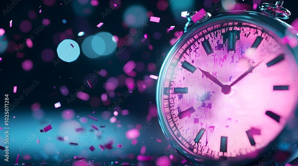 Poster broken neon clock glitch - futuristic time distortion with fragmented pixelated effects for sci-fi d