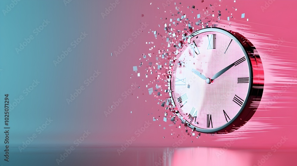 Poster glitching neon clock - time distortion with fragmented pixelated sci-fi effects on a digital surface