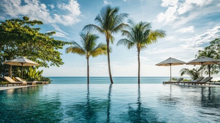 Fototapeta premium Palm Trees and Sun Umbrellas by the Infinity Pool with Ocean View