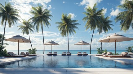 Fototapeta premium Tranquil Poolside Oasis with Palm Trees and Lounge Chairs