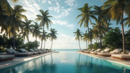 Fototapeta premium Tropical Swimming Pool with Lounge Chairs and Palm Trees