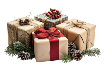 Christmas gift boxes with decoration on white background,png transparent die cut.