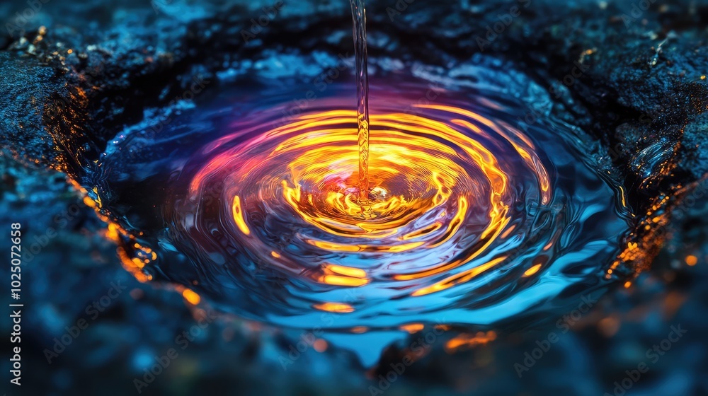 Poster a dramatic image of glass melting into a vibrant puddle, with light refracting through the molten su