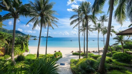 Lush Tropical Landscape with Palm Trees and a Tranquil Beach View