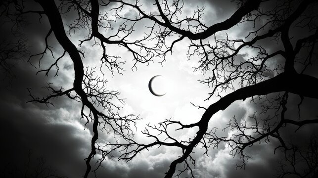 Twisted bare branches reaching towards a cloudy night sky illuminated by a single sliver of a crescent moon casting eerie shadows on the forest floor.