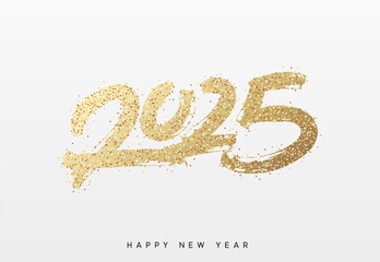 Happy New Year written number golden glitter 2025. Gold glittered 2025 text in a bold, hand painted style on a white background. Vector illustration