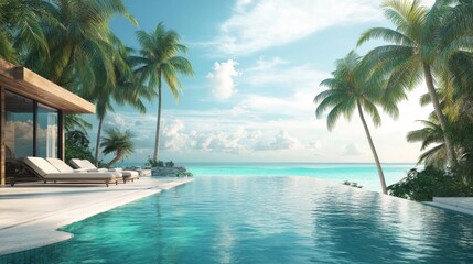 Fototapeta premium Infinity Pool Overlooking Tropical Ocean With Palm Trees